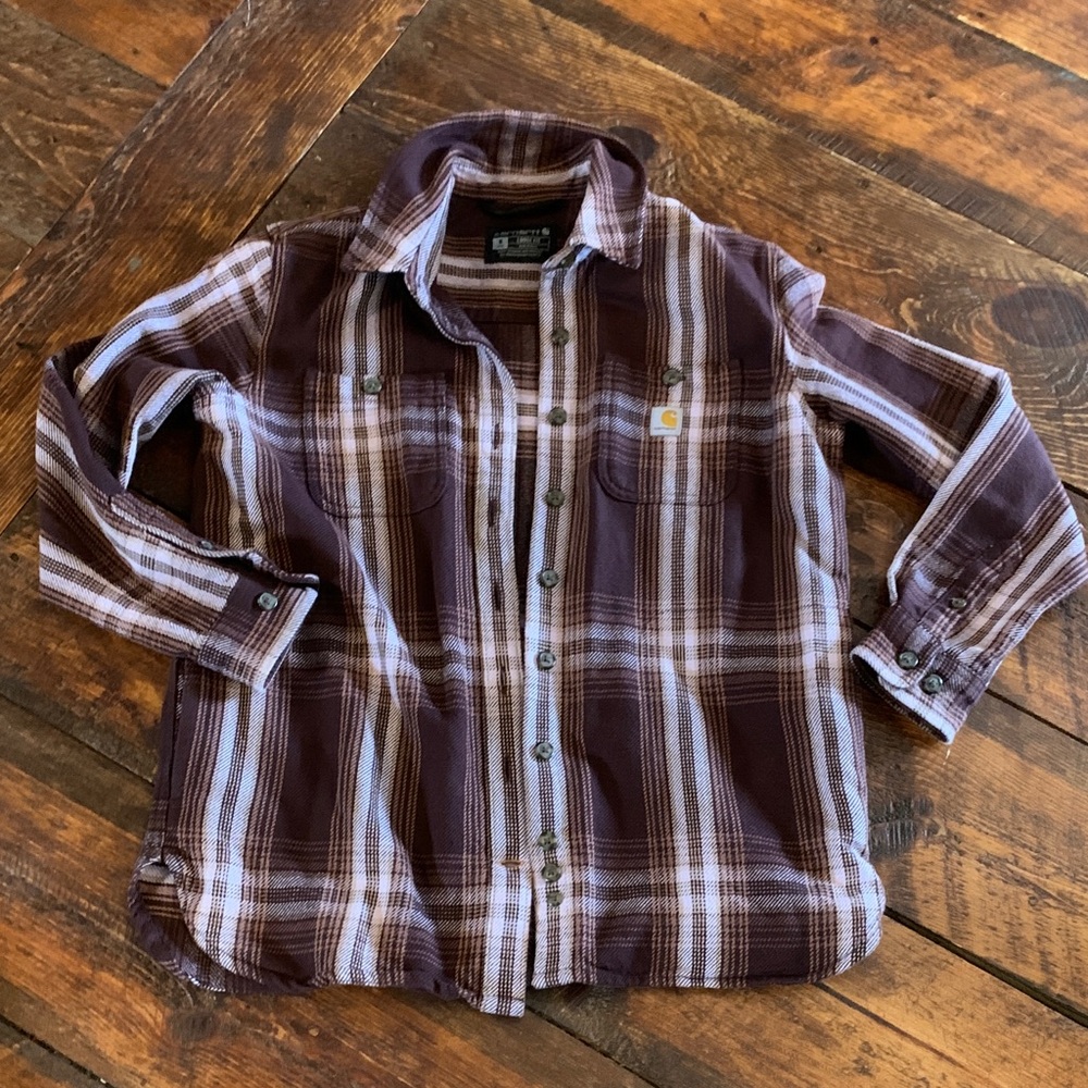 Carhartt woman’s plum/brown Plaid Flannel Work Shirt Jacket, quality heavy